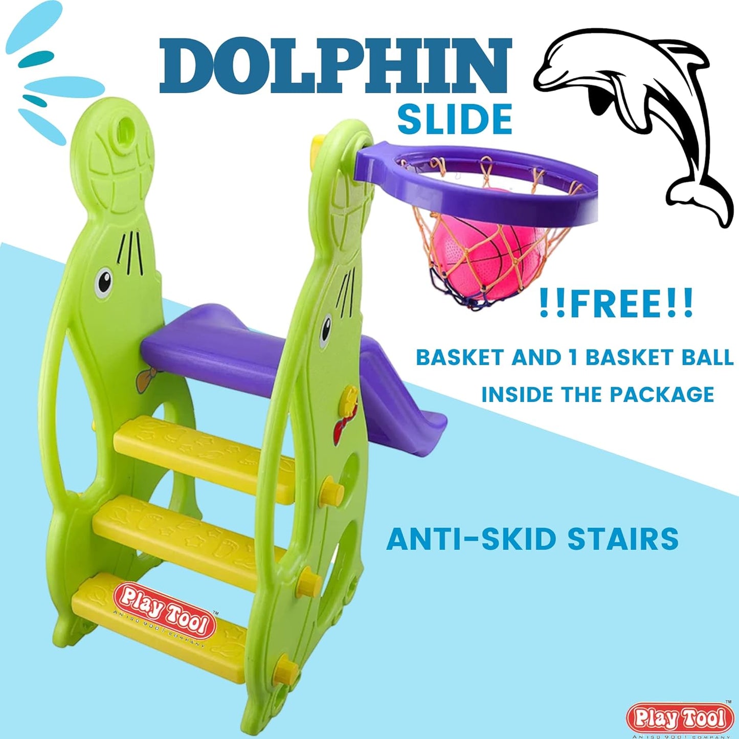 Platool 3 Step Dolphin-Shaped Garden Slide for Kids with Basketball - Durable Plastic, Indoor/Outdoor, Easy Assembly - Suitable up to Age 7