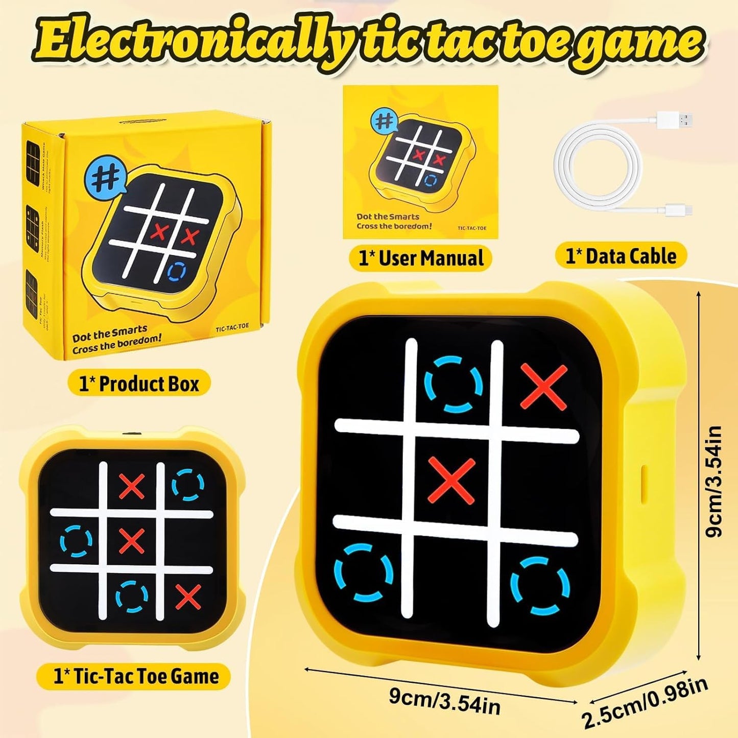 MM TOYS Electronic Tic Tac Toe Bolt Game, 3-in-1 Handheld Game Puzzle Console with Silent Mode, Portable Travel Game for Kids & Adults, Ages 3+ (1), Yellow