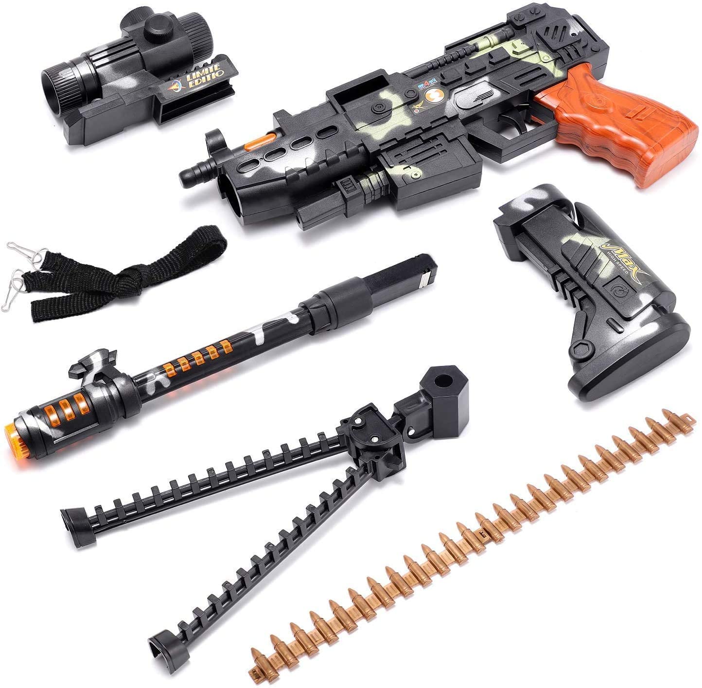 MM Toys Musical Machine Gun 25" Long: Vibration, Flash Lights, Rotating Dummy Bullets, Stand - Fun Playtime for Kids Ages 2-5