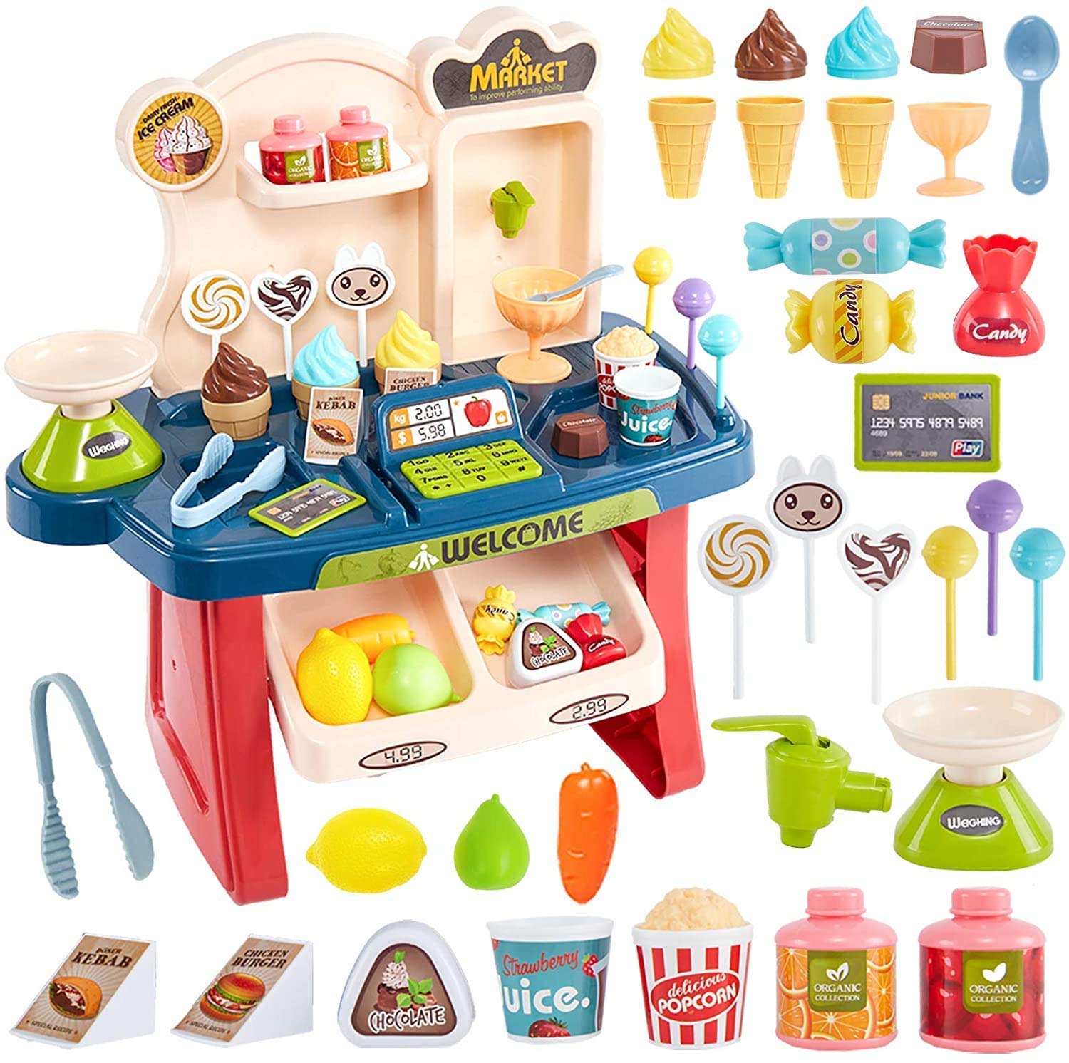 MM Toys Home Supermarket Set 33pcs Vibrant Pretend Play Supermarket with Cash Register, Shopping Cart, and Flashing Indicator Light