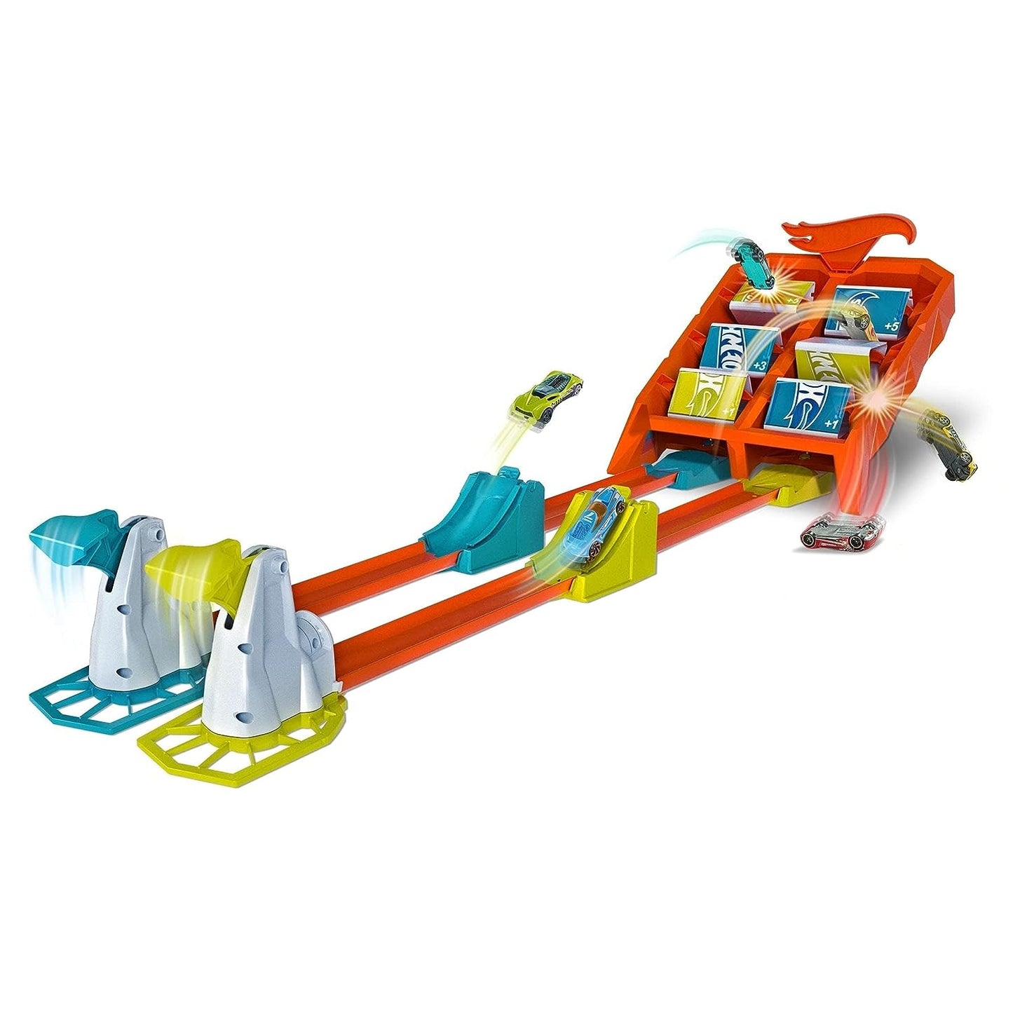 Hot Wheels Launch Across Challenge Track Set - Exciting Racing Action, Crash and Score, Flipout Track, Includes One Car, Multicolor GBF89