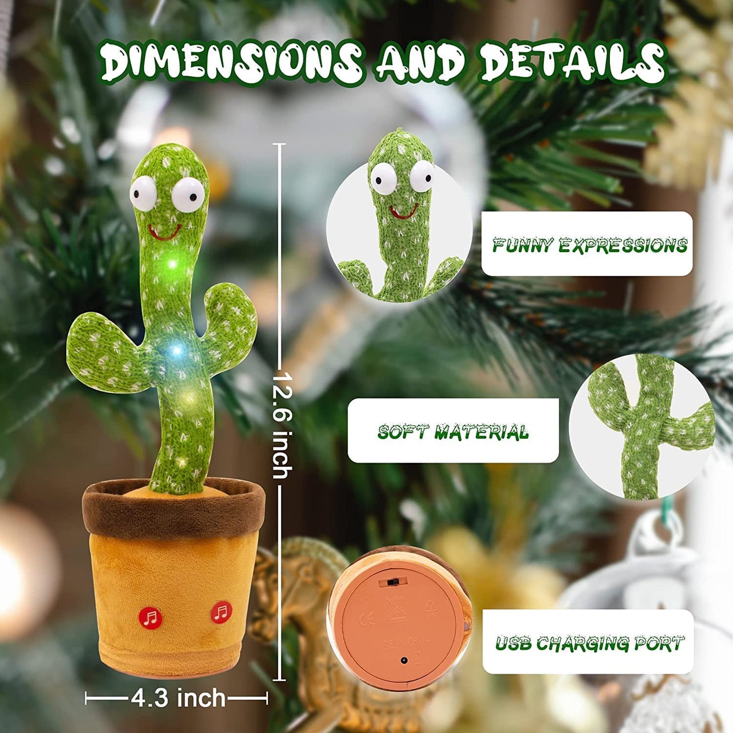 MM TOYS Rechargeable Dancing and Repeat Talking Cactus Plush Toy with Multiple Songs