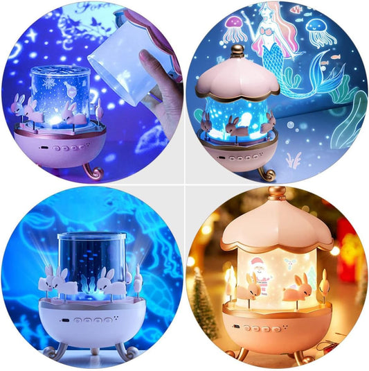 MM Toys Galaxy Bunny Star Projector Lamp, Rotating Night Light with 6 Films & Bluetooth, Creates Magical Sleep Ritual for Kids, Pink Bunny Gift