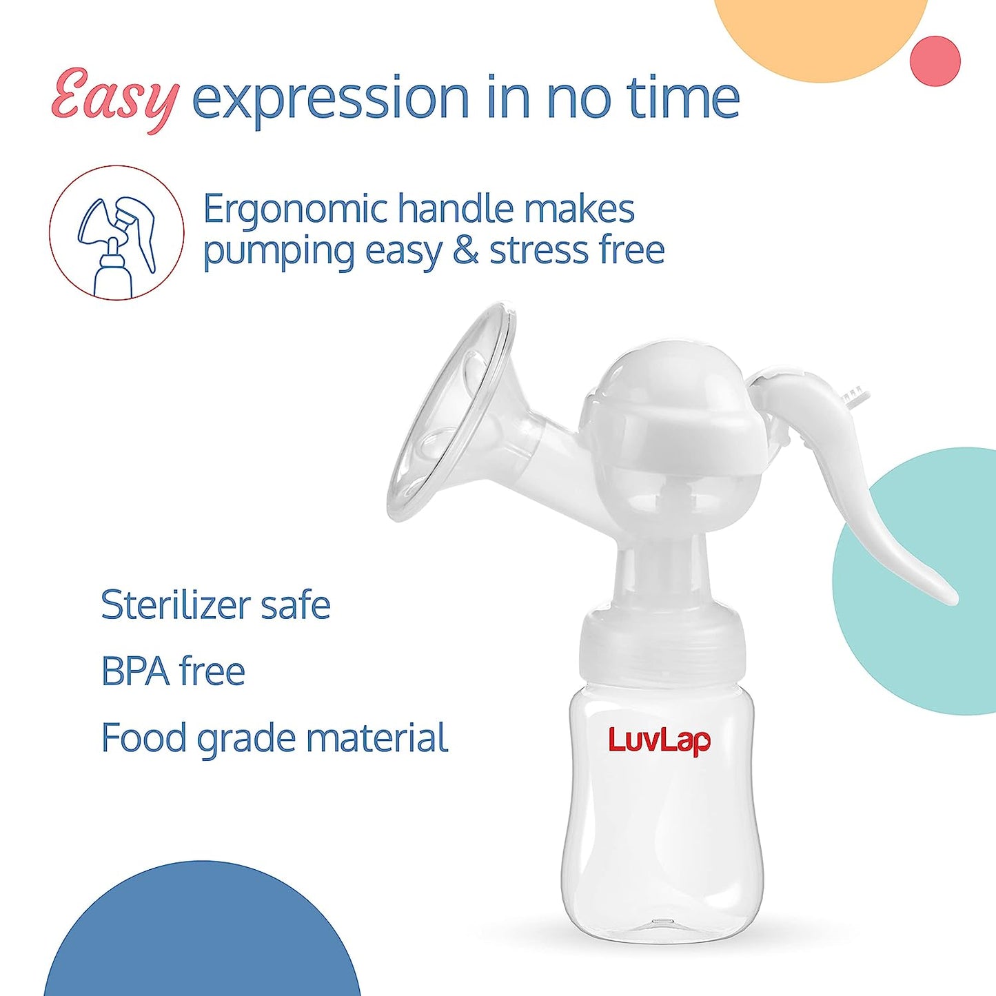 LuvLap Manual Breast Pump: 3 Level Suction Adjustment,Includes 2pcs Free Breast Pads,Soft & Gentle,BPA Free,1 Year Warranty, Ideal for Nursing Mothers