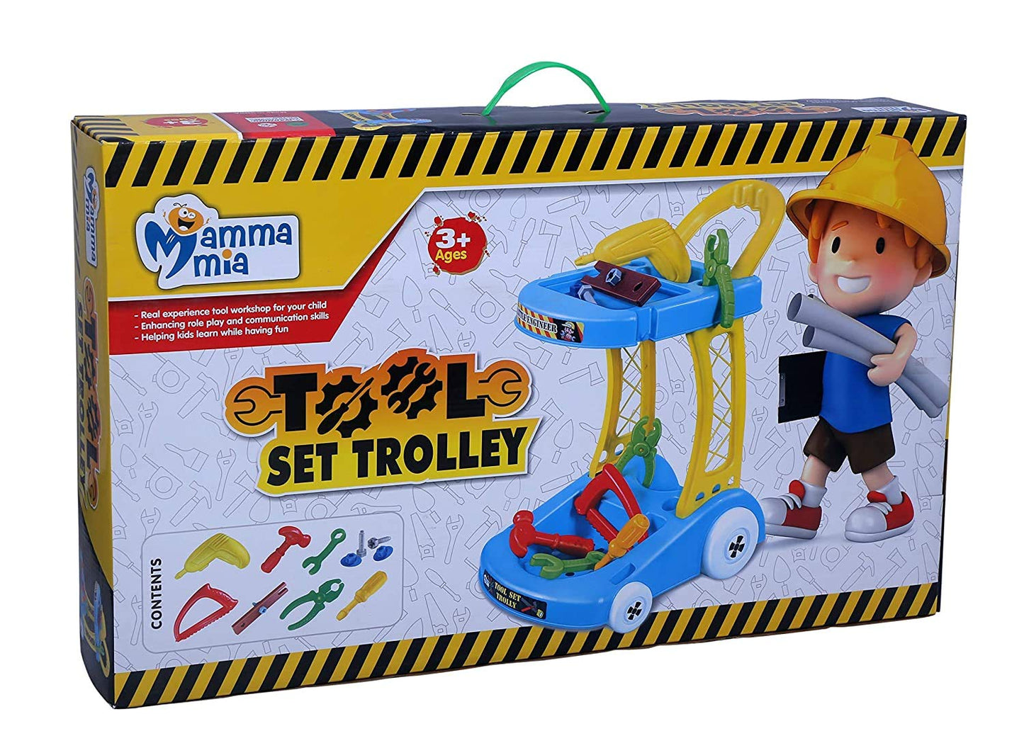 Mamma Mia' Kid's Tool Set Trolley, Non-Toxic ABS Plastic, Variety of Accessories - Colourful Fun