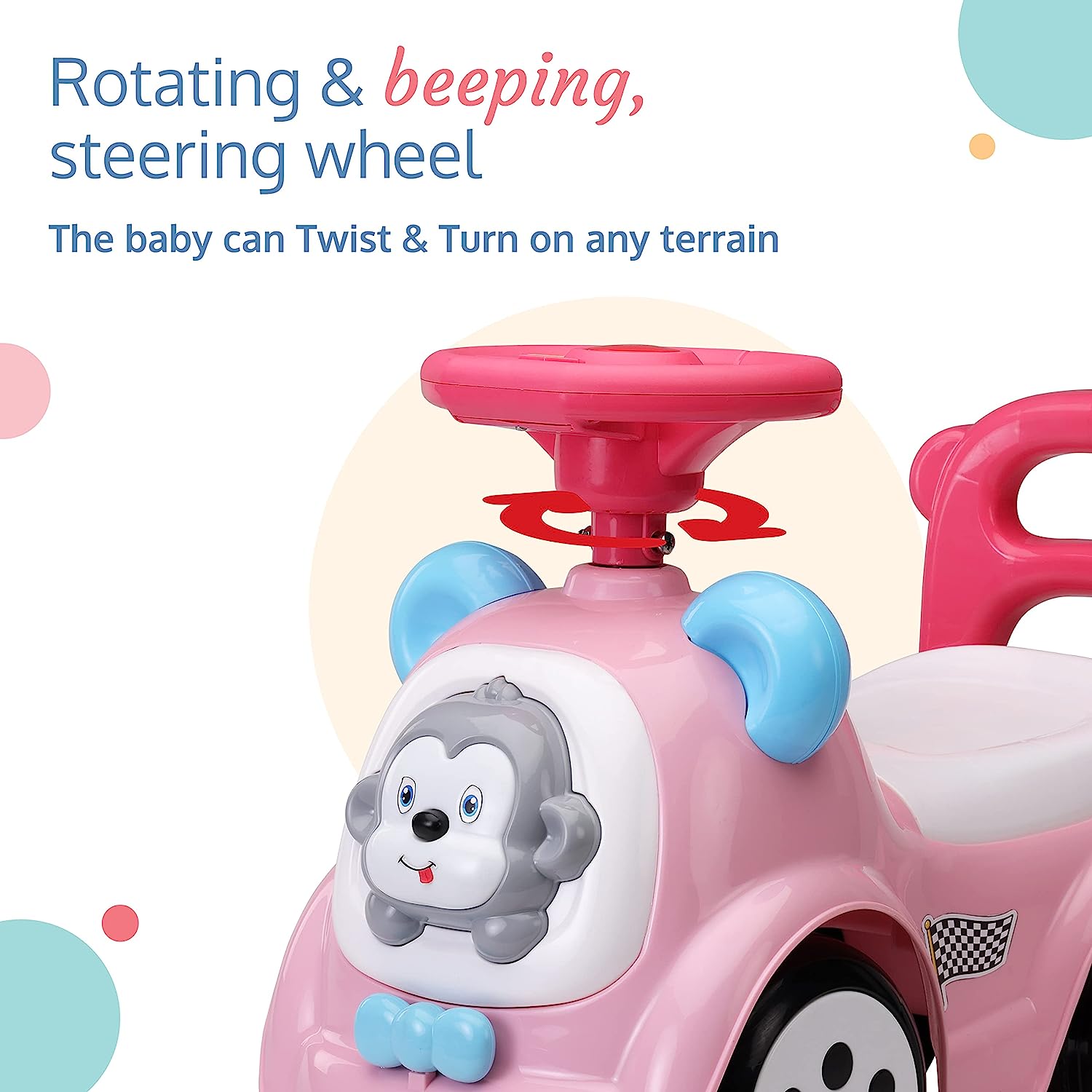 LuvLap SunnyRider Music Horn Steering Ride-On Car for Kids, Backrest, Safety Guard, Under Seat Storage, Big Wheels, 1-3 Years, Up to 25 Kgs- Pink