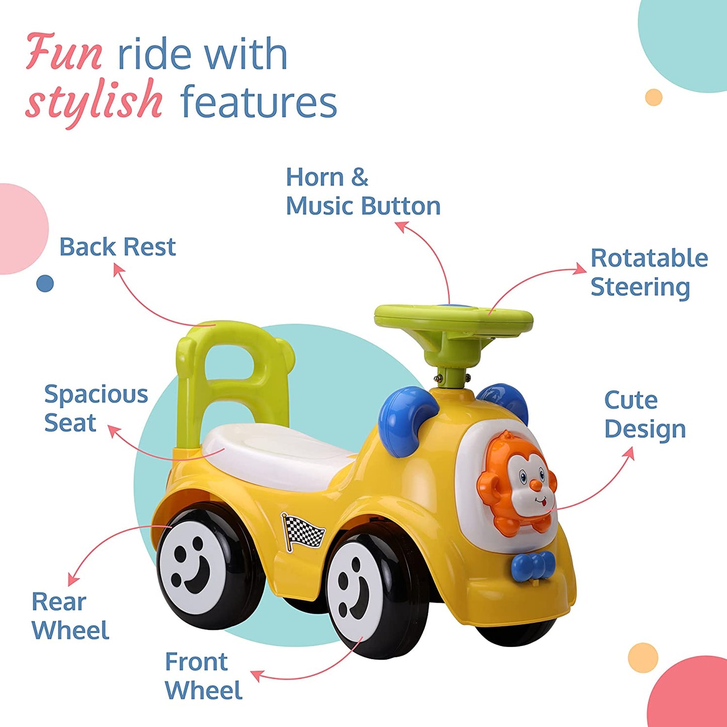 LuvLap Sunny Ride on & Car for Kids with Music & Horn Steering, Push Car for Baby with Backrest, Safety Guard, Under Seat Storage & Big Wheels, Ride on for Kids 1 to 3 Years Upto 25 Kgs (Yellow)