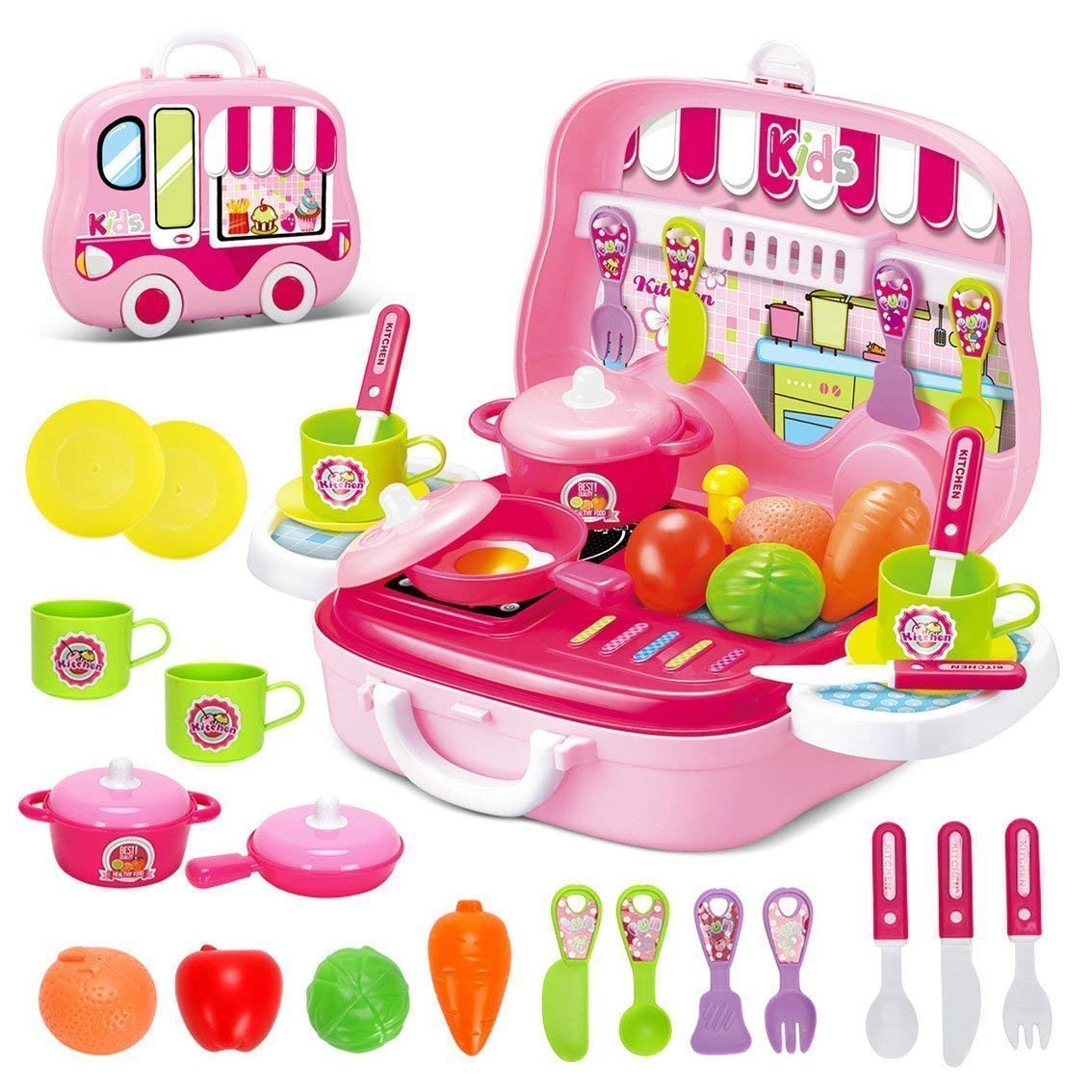 MM TOYS Multicolor Plastic Kitchen Pretend Play Food Toy Set, Little Chef Kitchen with Carry Case for Boys & Girls - Ages 3-8 Years