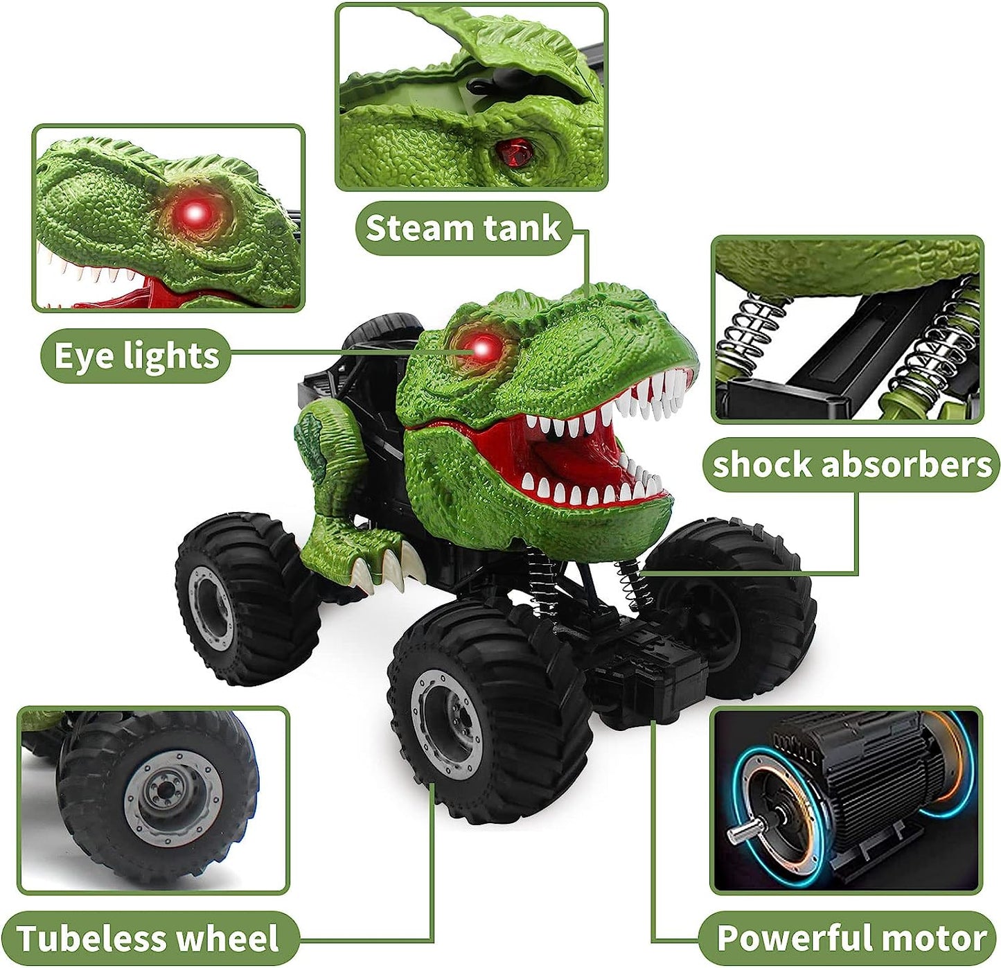 MM TOYS Dinosaur Rc Car 1:16: Music & LED Lights, 45° Slope, Spray Mist, 360° Rotation, 4WD Remote Control, Green For Kids