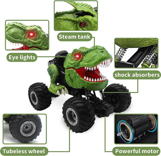 MM TOYS Dinosaur Rc Car 1:16: Music & LED Lights, 45° Slope, Spray Mist, 360° Rotation, 4WD Remote Control, Green For Kids