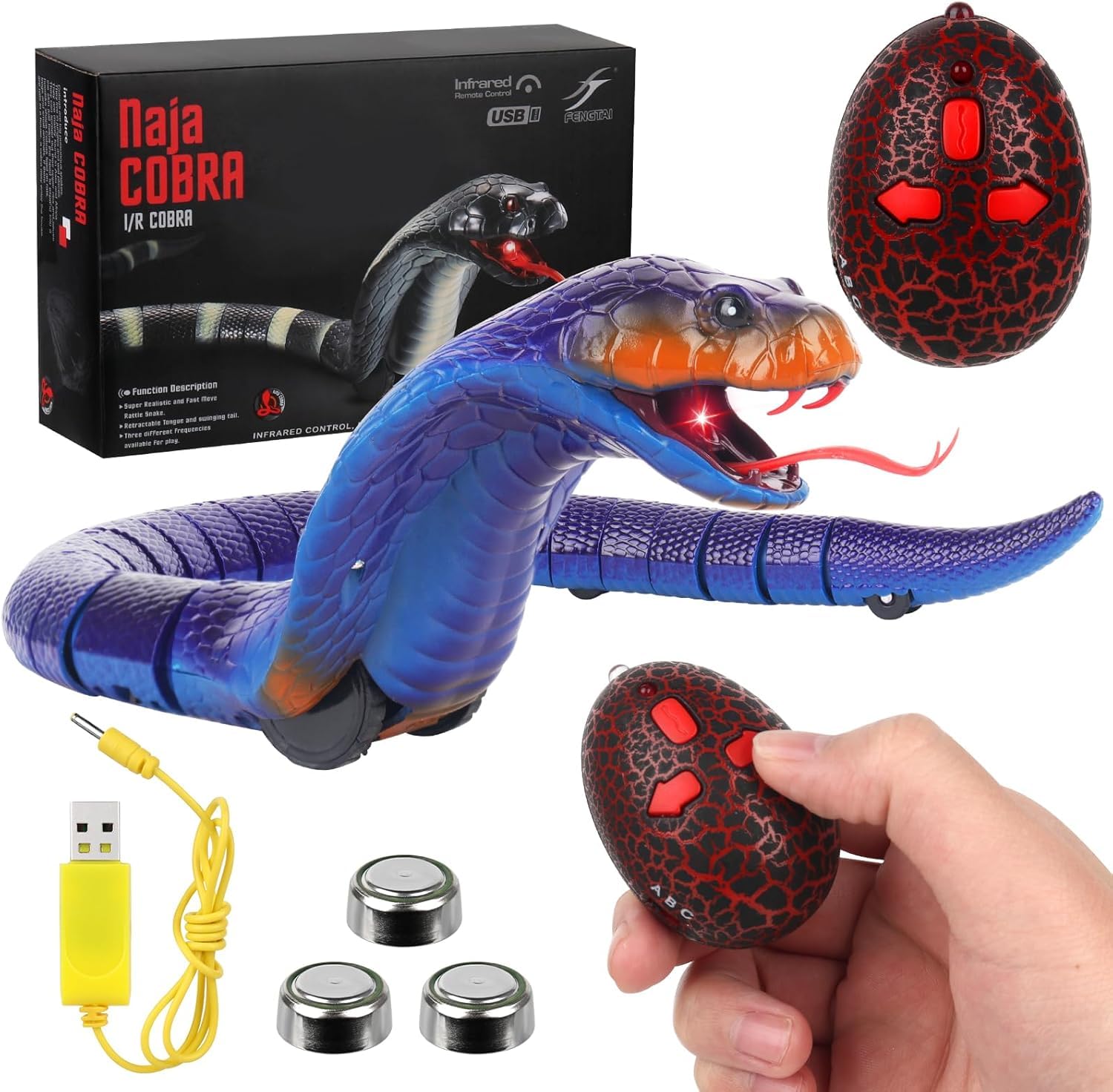 Toy snake with remote control, batteries, and USB cable on a white background