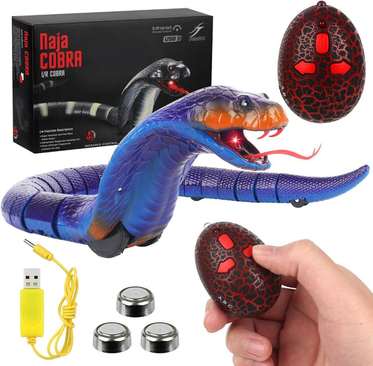 Toy snake with remote control, batteries, and USB cable on a white background
