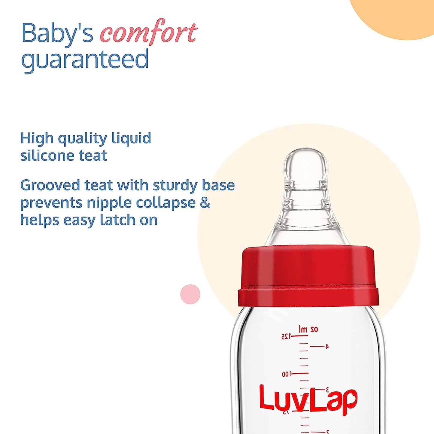 LuvLap Essential Slim Neck Glass Feeding Bottle For Newborn Babies up to 3 Months, Medium Hole Nipple,Easy Grip and Hygiene Ensured,Transparent 250ml