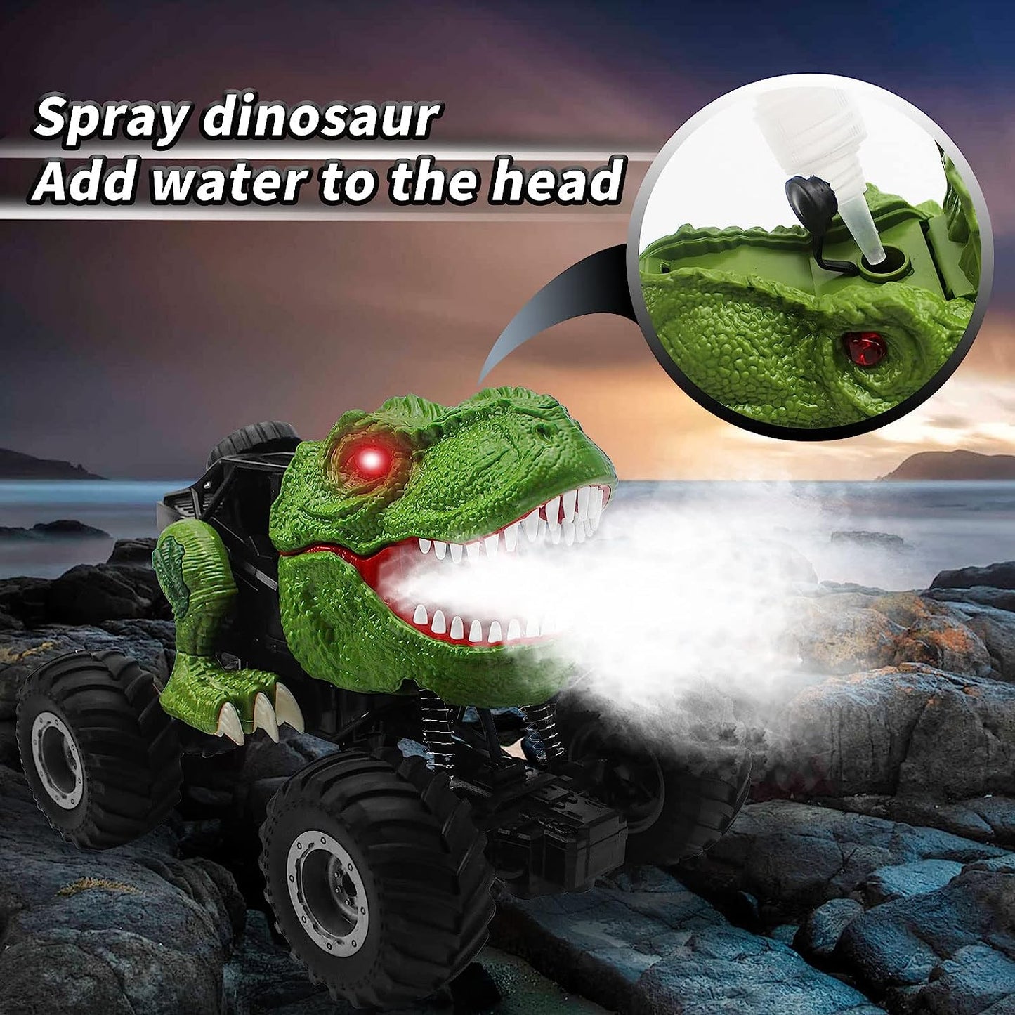 MM TOYS Dinosaur Rc Car 1:16: Music & LED Lights, 45° Slope, Spray Mist, 360° Rotation, 4WD Remote Control, Green For Kids