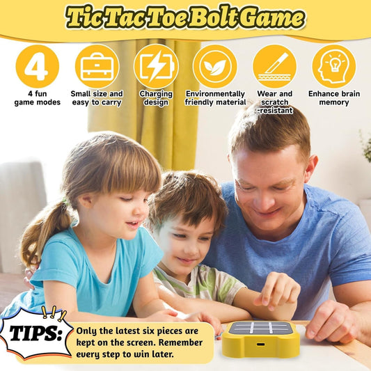 MM TOYS Electronic Tic Tac Toe Bolt Game, 3-in-1 Handheld Game Puzzle Console with Silent Mode, Portable Travel Game for Kids & Adults, Ages 3+ (1), Yellow