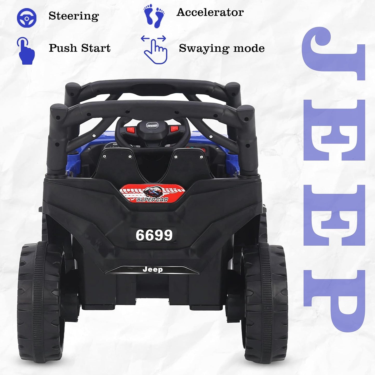 MM TOYS Electric Ride on Jeep for Kids With Music, Led Lights, Swing, Bluetooth Remote and 12V Battery Operated Car For 1 to 5 Years Children to Drive (Blue)