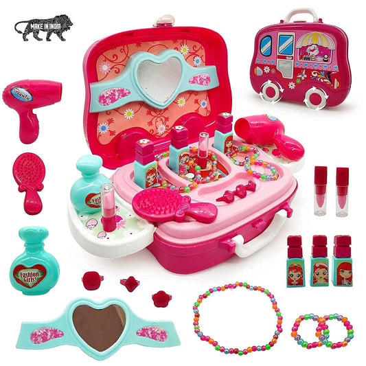 MM TOYS Pretend Play Make Up Case and Cosmetic Set for Girls: Pink Beauty Kit Hair Salon with 21 Pcs Durable Makeup Accessories - Suitable for Ages 3-8