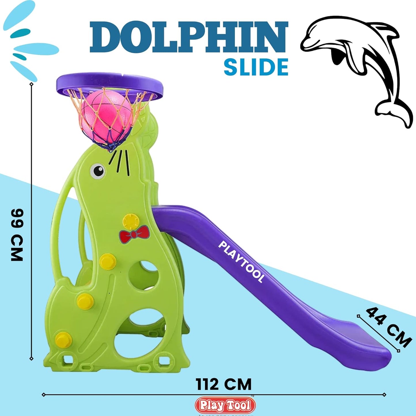 Platool 3 Step Dolphin-Shaped Garden Slide for Kids with Basketball - Durable Plastic, Indoor/Outdoor, Easy Assembly - Suitable up to Age 7