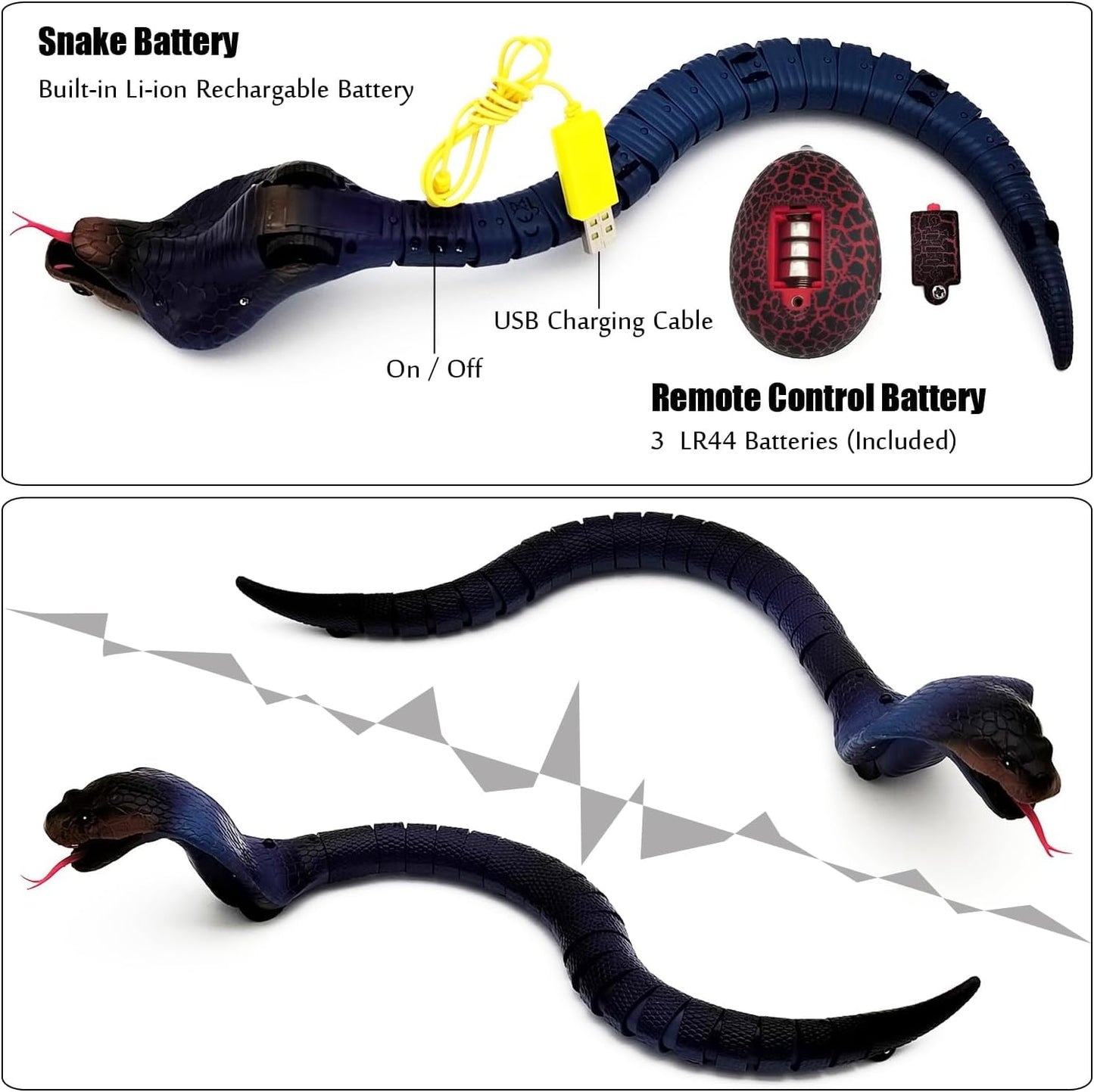 MM TOYS Realistic Remote Control Snake Toy – RC Cobra Toy for Kids 17-inch Rechargeable Crawling Snake with Fast Moving Egg-Shaped Infrared Controller, Retractable Tongue & Swinging Tail