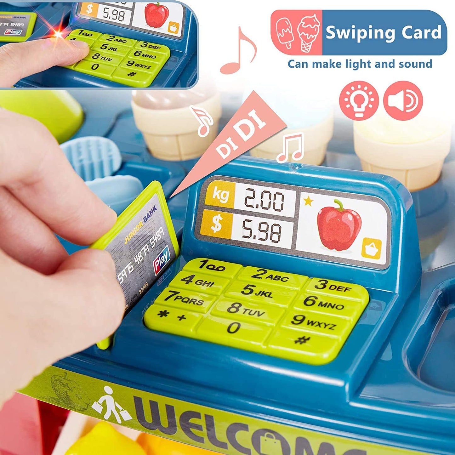 MM Toys Home Supermarket Set 33pcs - Vibrant Pretend Play Supermarket with Cash Register, Shopping Cart, and Flashing Indicator Light