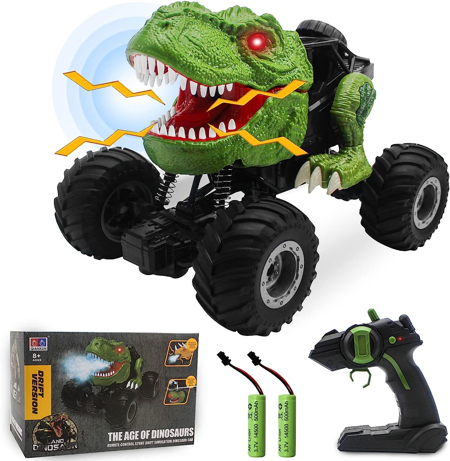 MM TOYS Dinosaur Rc Car 1:16: Music LED Lights, 45° Slope, Spray Mist, 360° Rotation, 4WD Remote Control, Green For Kids