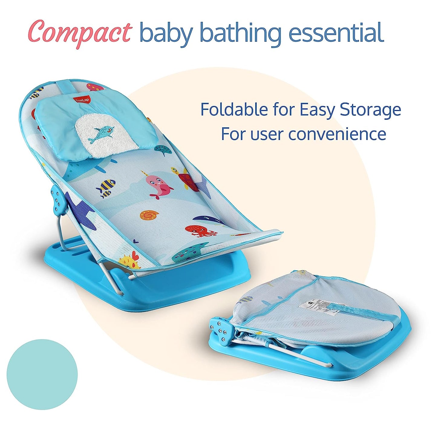 LuvLap Aqua Tales Baby Bather - Newborn Bath Chair, 0-6 Months, 3-Position Adjustable, Washable Soft Mesh, Large Seat, Multicolor