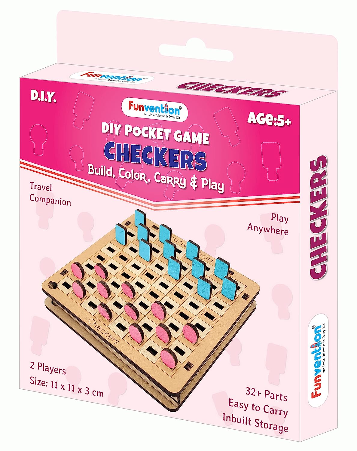 Funvention Checkers Pocket Travel Game - Educational Board Game for Fun Learning, Ideal Birthday Return Gifts for Kids 4+ Years Party Pack