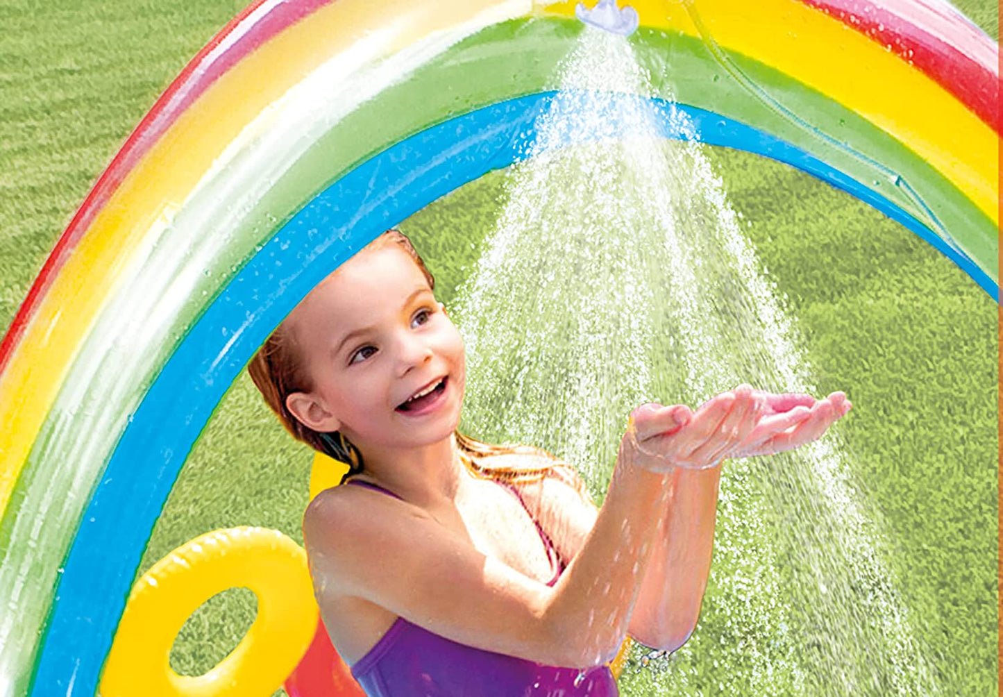 ntex Multicolored Inflatable Rainbow Ring Water Play Centre with Slide for Kids aged 2+ | 200ltr Water Capacity