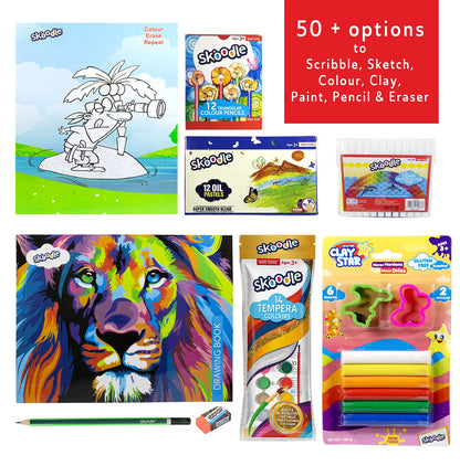 Skoodle Art & Activity Kit for Kids, 21 Assorted Art & Craft Items for Kids, Set of Pencils, Colors,Drawing Books, Best for Gifting, for 3+ Years