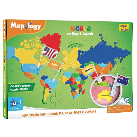 Imagimake Mapology World Map With Flags & Capitals Jigsaw Puzzle |75 Multi-Colored Country-Shaped Pieces | Birthday Gift for Boys and Girls| Educational Toys for Kids 5 Years | World Map Puzzle
