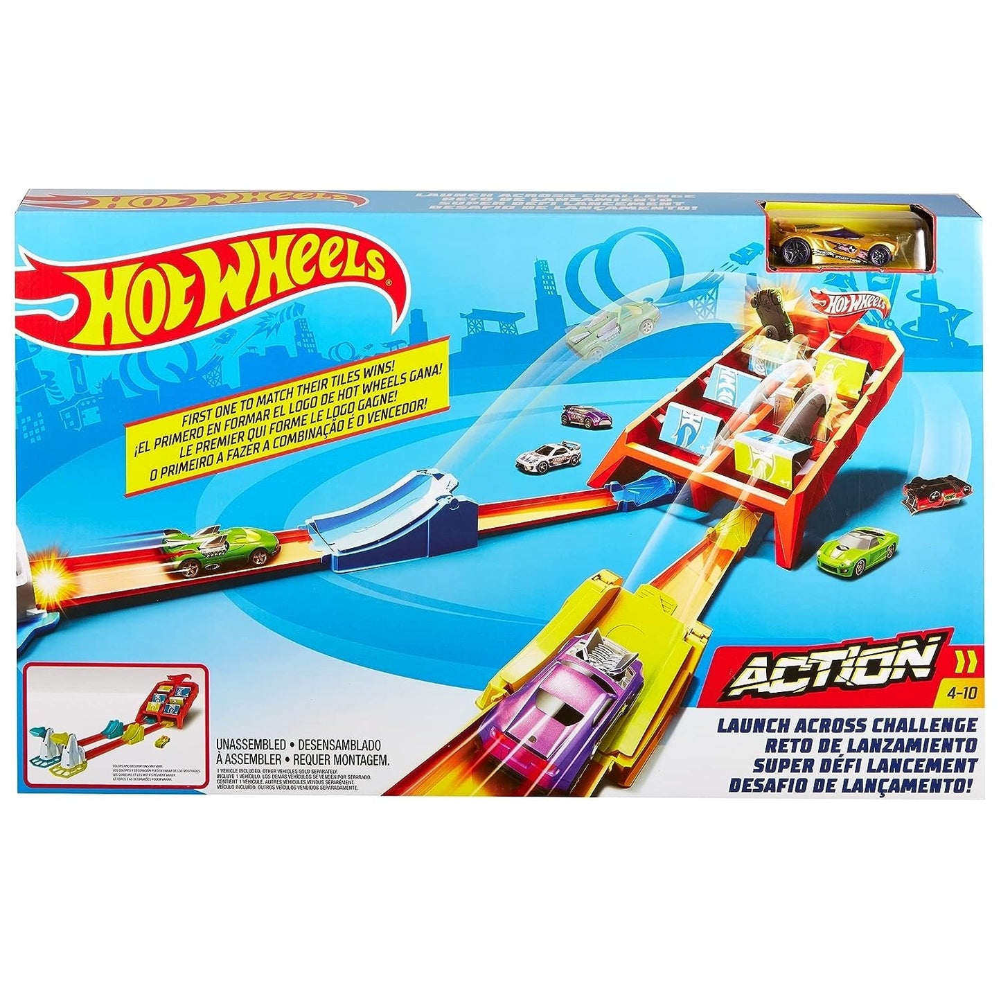 Hot Wheels Launch Across Challenge Track Set - Exciting Racing Action, Crash and Score, Flipout Track, Includes One Car, Multicolor GBF89