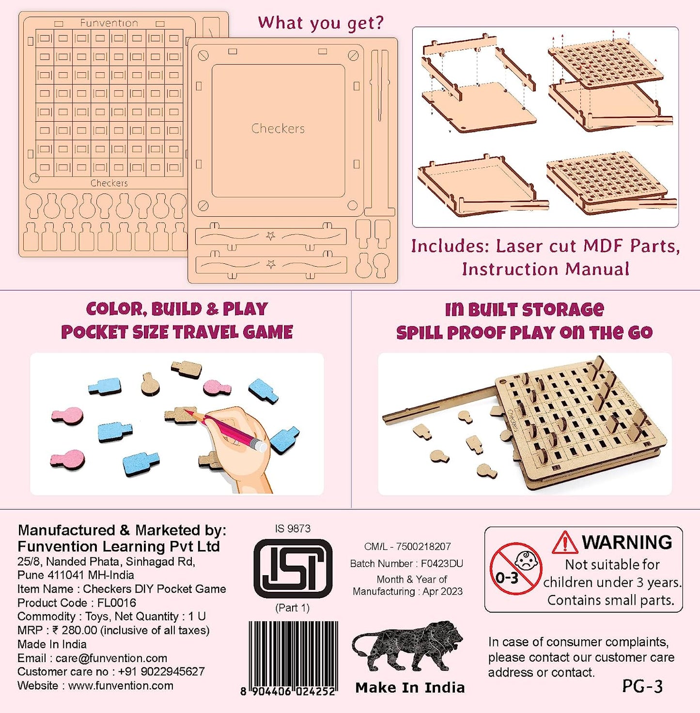 Funvention Checkers Pocket Travel Game - Educational Board Game for Fun Learning, Ideal Birthday Return Gifts for Kids 4+ Years Party Pack