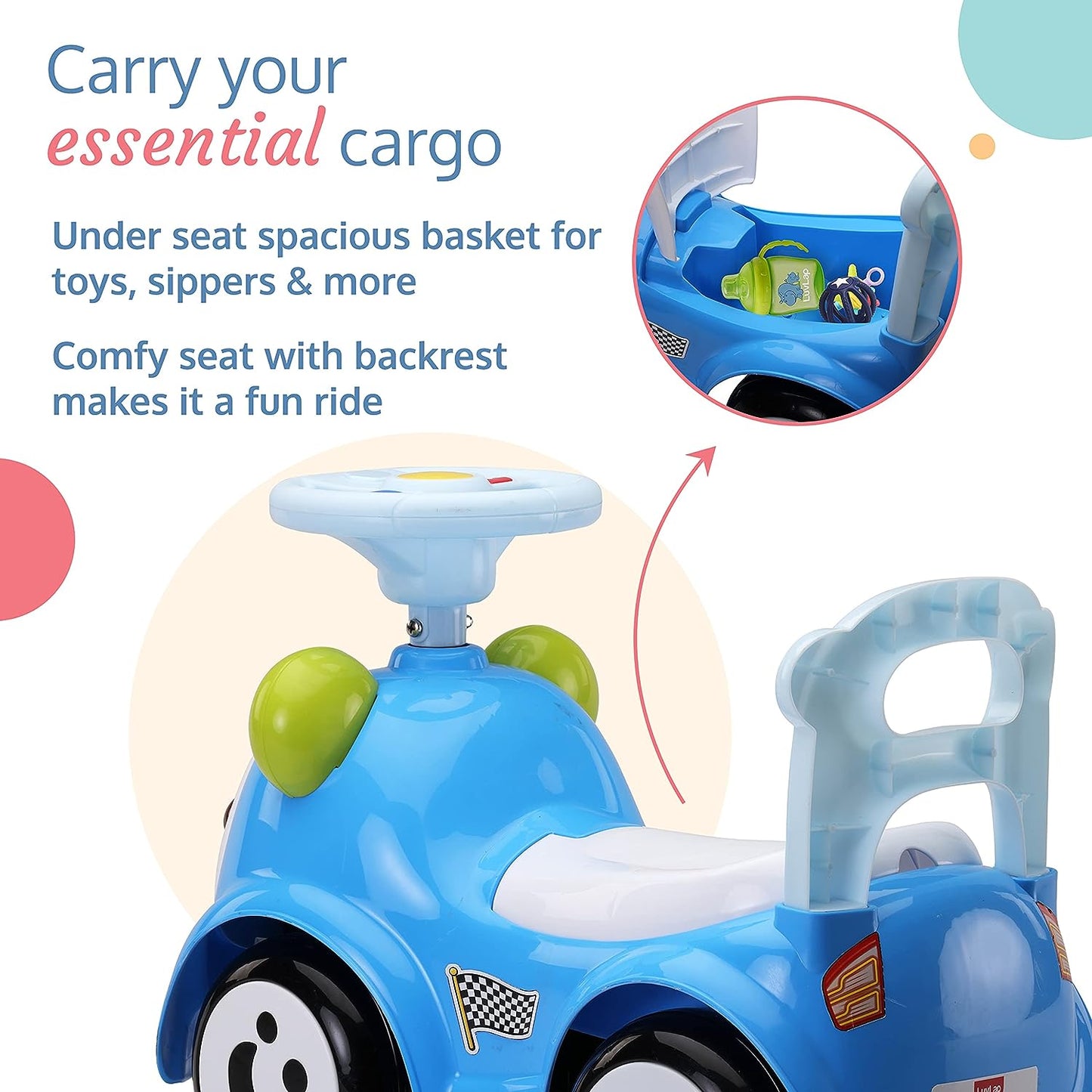 LuvLap - SunnyRider Blue, Music & Horn Steering Ride-On & Car for Kids, Backrest, Safety Guard, Under Seat Storage, Big Wheels, 1-3 Years, Up to 25 Kgs- Blue