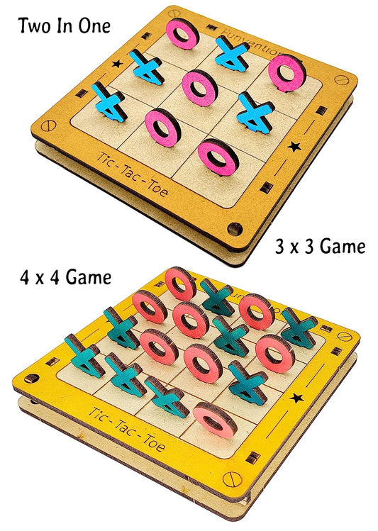 MM TOYS DIY Pocket Game Tic-Tac-Toe - Portable Dual Mode Board Game with Inbuilt Storage, Laser Cut MDF Parts, Ideal for Kids