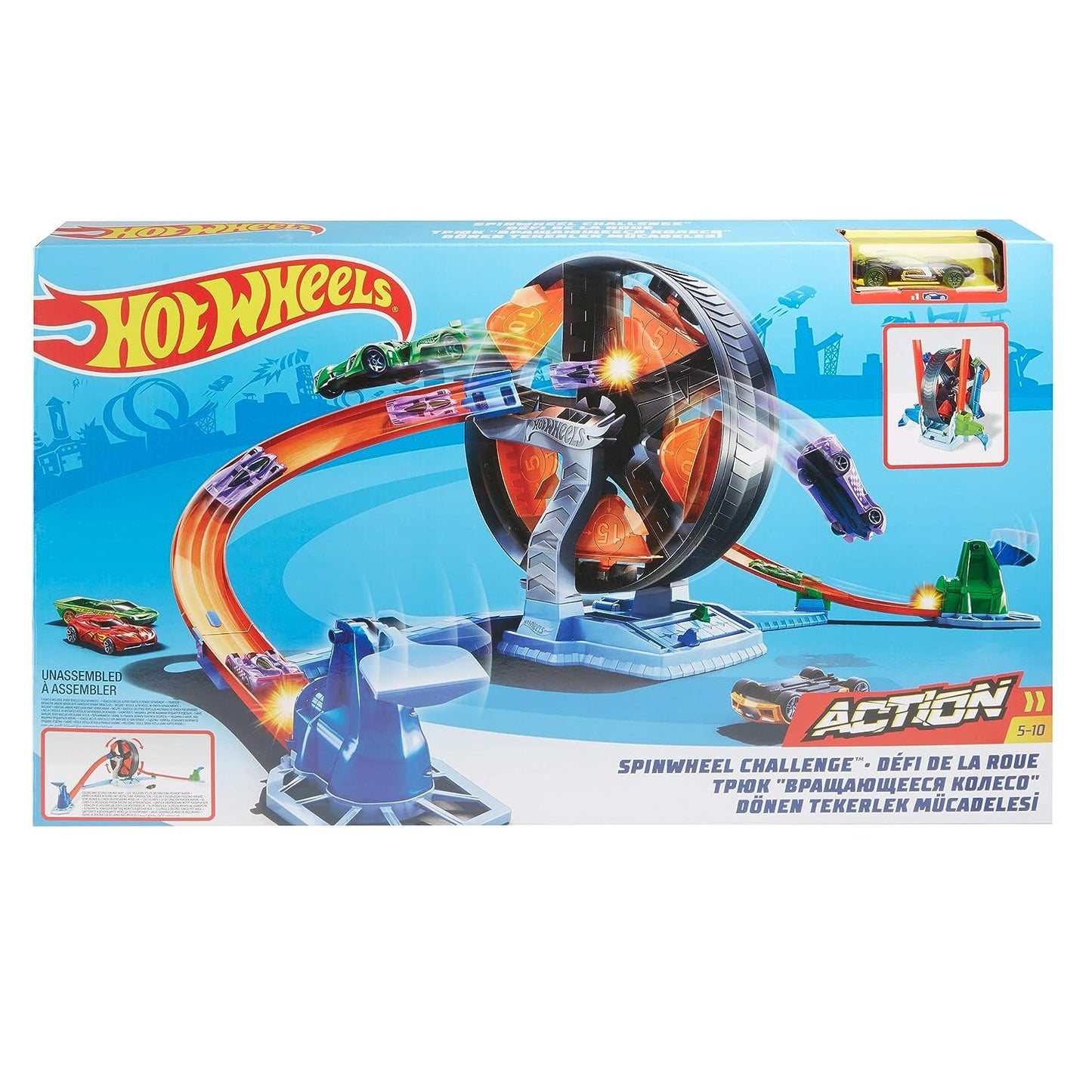 Hot Wheels Spin Wheel Challenge Play Set - Ultimate Track Set for Boys (Includes One Car, Multicolor) GJM77