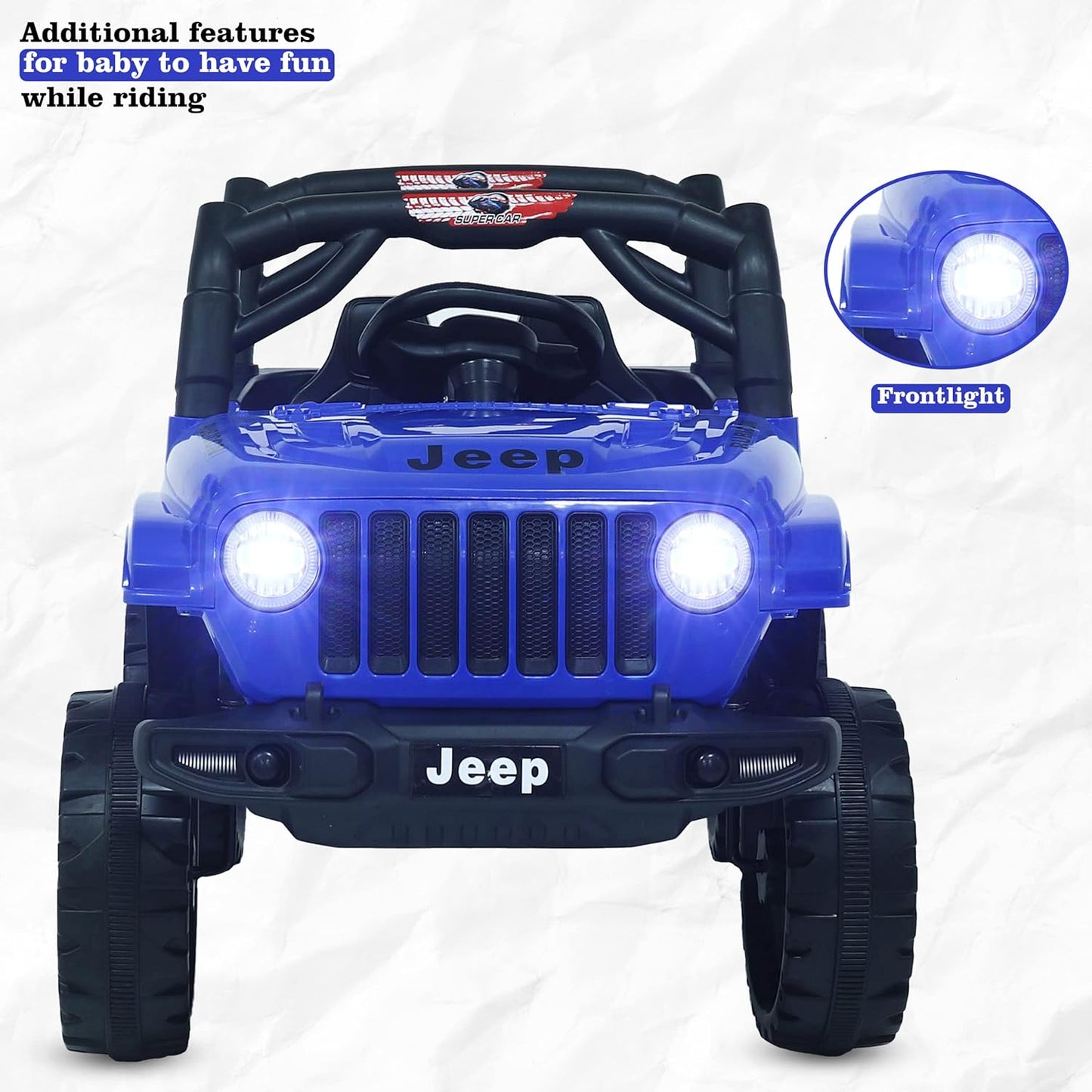 MM TOYS Electric Ride on Jeep for Kids With Music, Led Lights, Swing, Bluetooth Remote and 12V Battery Operated Car For 1 to 5 Years Children to Drive (Blue)