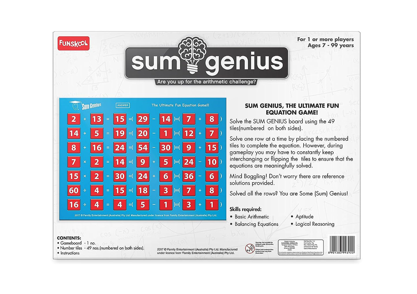 Funskool NumberWhiz  Sum Genius, Maths Fun Equation Game, Educational for 7+ Kids, Family Game, Multicolor