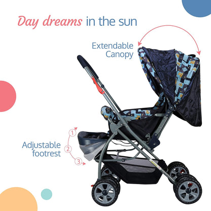 LuvLap Starshine Baby Stroller/Pram for 0 to 3 Years, New Born/Toddler/Kid, Lightweight, Adjustable Backrest, 360° Swivel Wheel, Large Storage Basket, Reversible Handlebar (Blue) 18218
