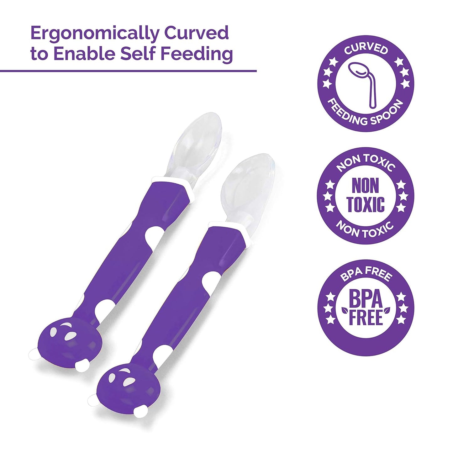 Luvlap Joy Star Self-Feeding Spoon Set -Ergonomic for Babies, Motor Skill Development, Soft Silicone, Non-Toxic With Travel-Friendly Box- Purple( 18929)