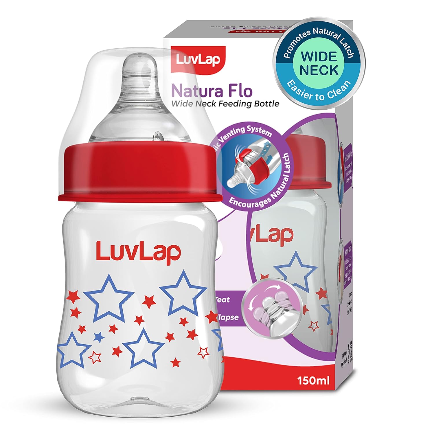 Luvlap Natura Flo 150ml Anti-Colic Wide Neck Baby Feeding Bottle, Suitable for Newborns, BPA-Free for month+ (18907)