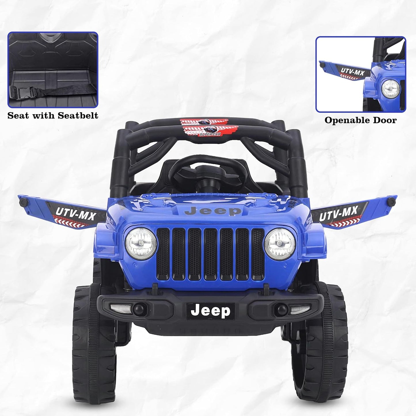 MM TOYS Electric Ride on Jeep for Kids With Music, Led Lights, Swing, Bluetooth Remote and 12V Battery Operated Car For 1 to 5 Years Children to Drive (Blue)