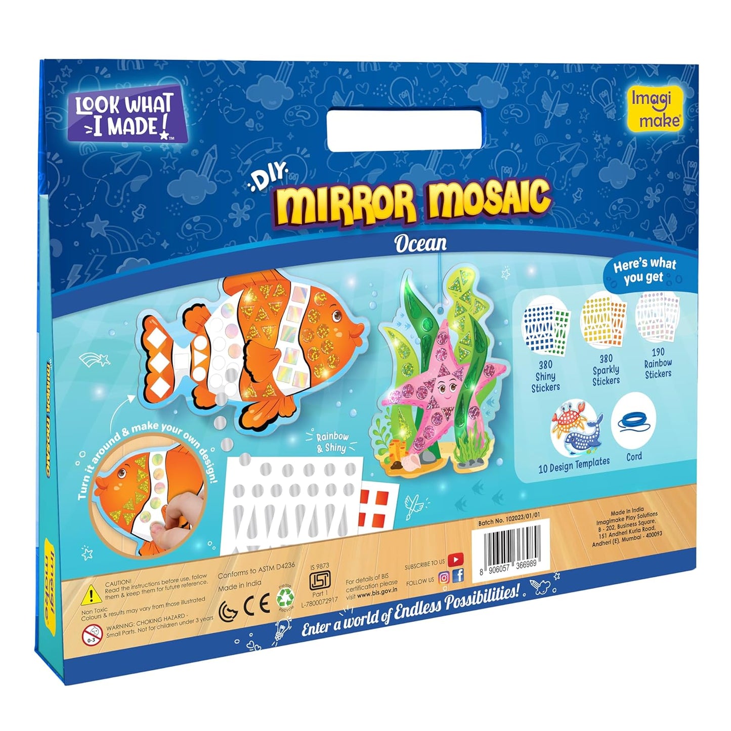 Imagimake Mirror Mosaic Ocean | Mess Free DIY Mosaic Craft kit ,950+ Foil Sticker | Birthday Gift for Girls Ages 4 5 6 7 Year Old