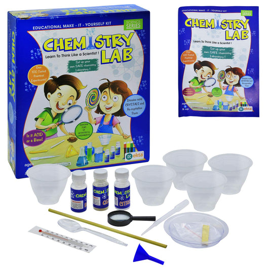 MM TOYS Ekta Chemistry Lab Kit: 100 Practical Experiments, pH Paper, Educational Guide - Blue