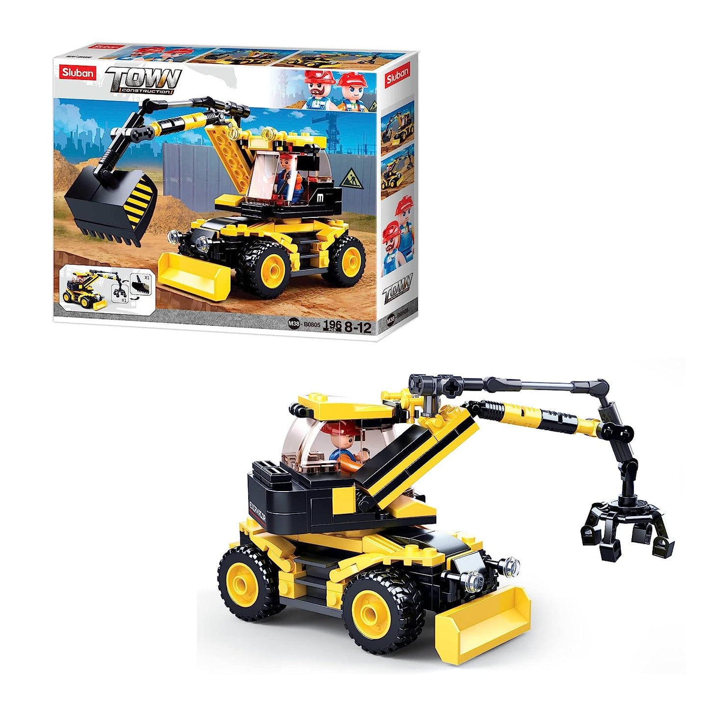 Sluban Town Construction Excavator 2-in-1 Plastic Building Blocks B0805 Brain Game, Educational Engineering Set, 196 Pieces ,8+ Years