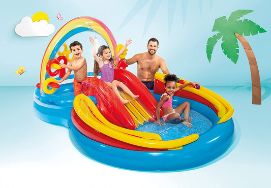 Intex Multicolored Inflatable Rainbow Ring Water Play Centre with Slide for Kids aged 2+ | 200ltr Water Capacity