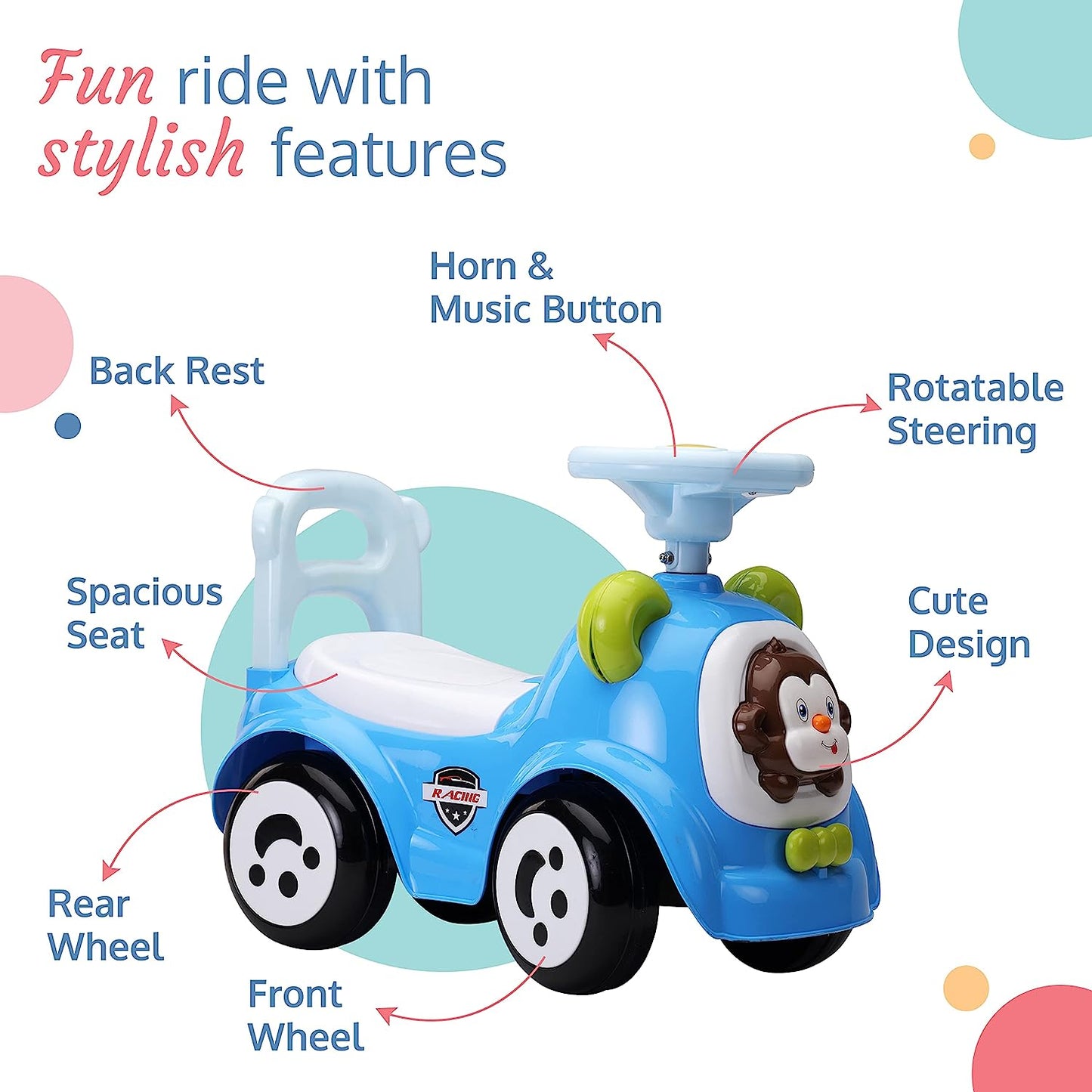 LuvLap - SunnyRider Blue, Music & Horn Steering Ride-On & Car for Kids, Backrest, Safety Guard, Under Seat Storage, Big Wheels, 1-3 Years, Up to 25 Kgs- Blue