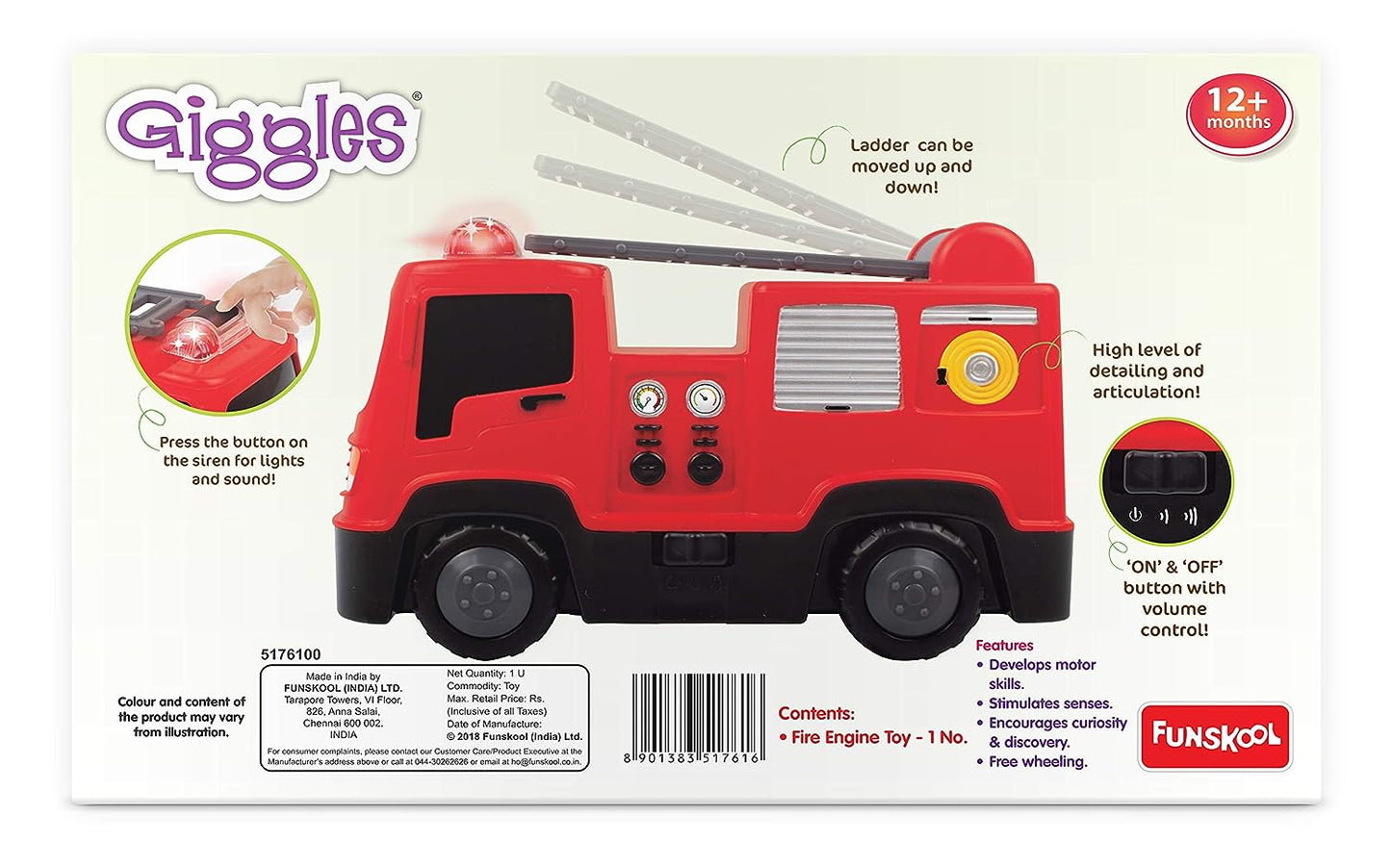 Giggles - FireBlaze Fire Engine | Multicolour with Lights & Sounds Develops Motor Skills 12 Months & Above, Infant & Preschool Toy