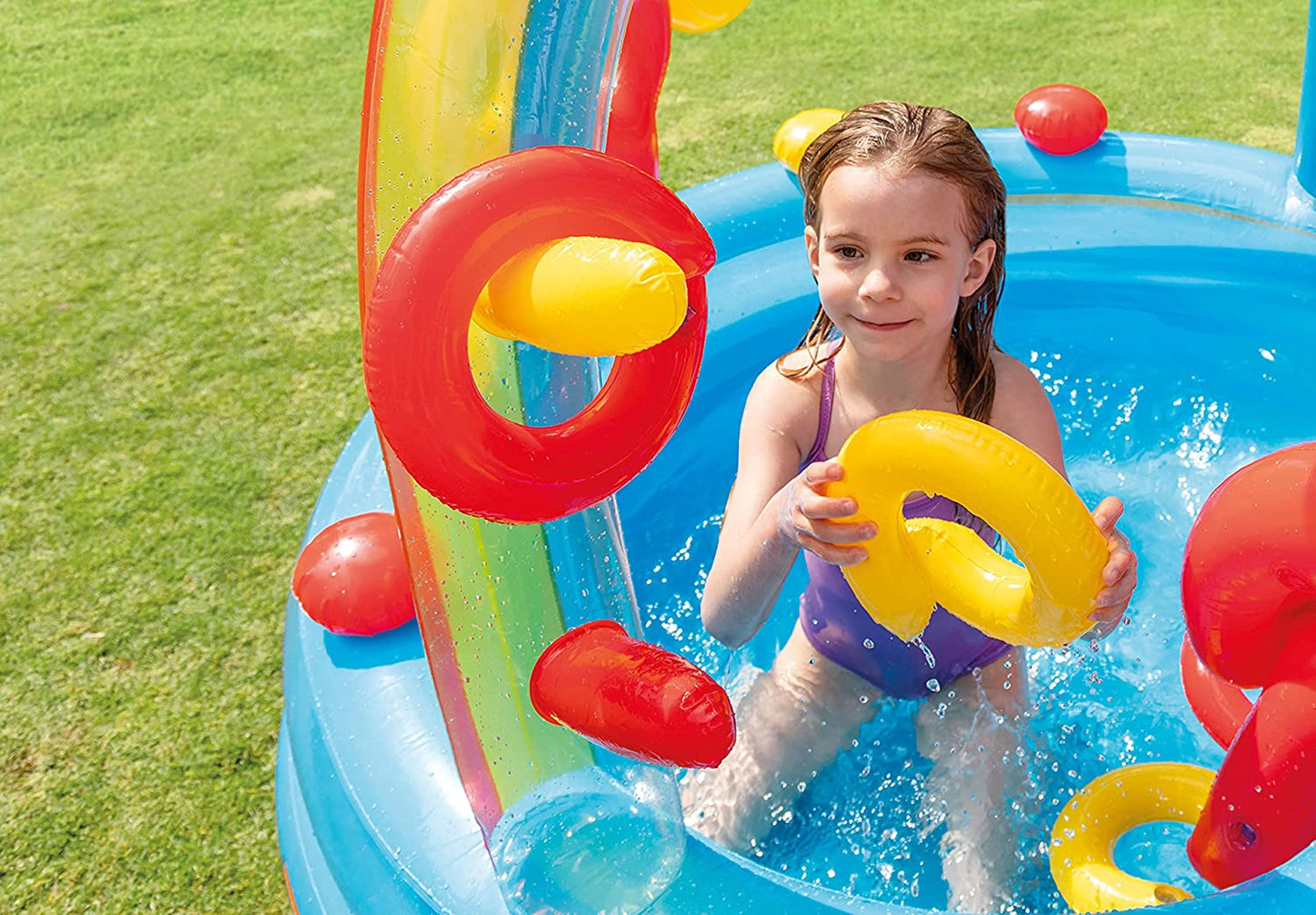 ntex Multicolored Inflatable Rainbow Ring Water Play Centre with Slide for Kids aged 2+ | 200ltr Water Capacity