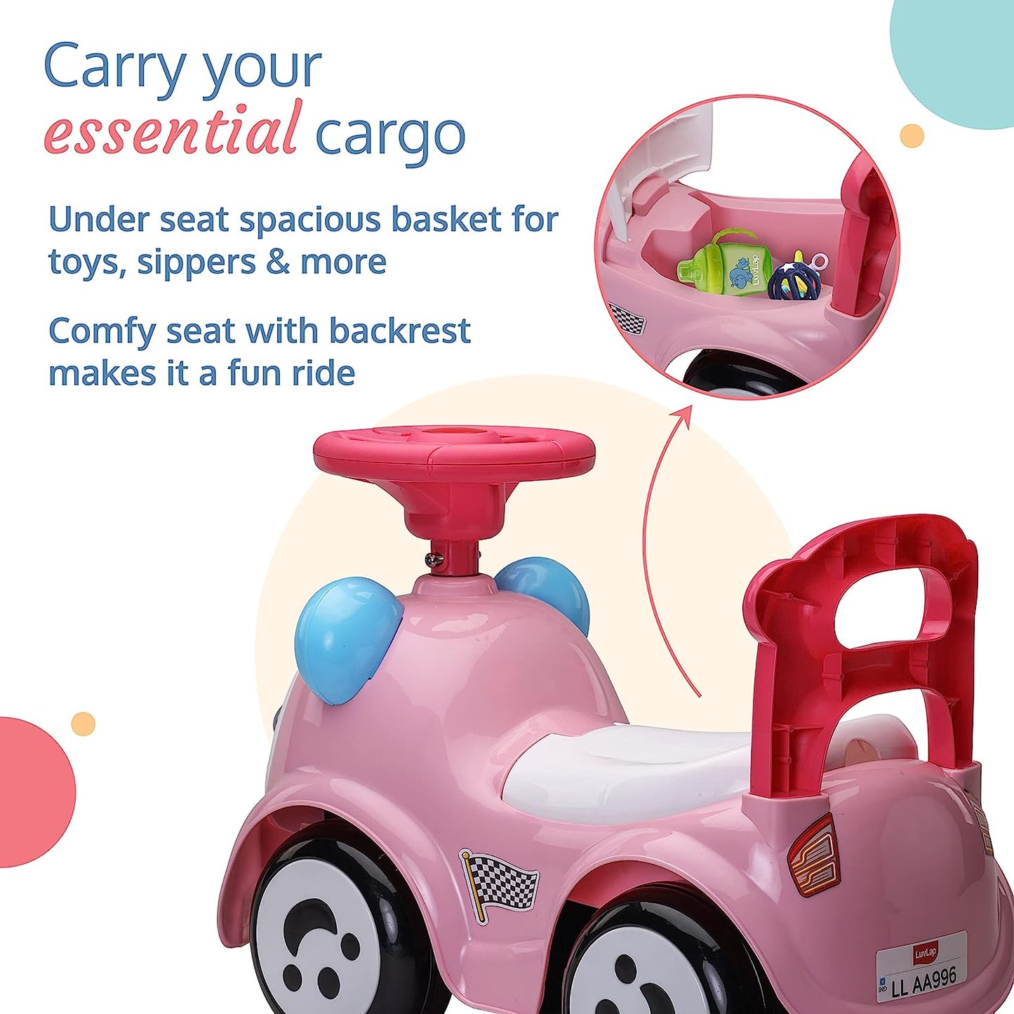 LuvLap SunnyRider Music & Horn Steering Ride-On & Car for Kids, Backrest, Safety Guard, Under Seat Storage, Big Wheels, 1-3 Years, Up to 25 Kgs- Pink