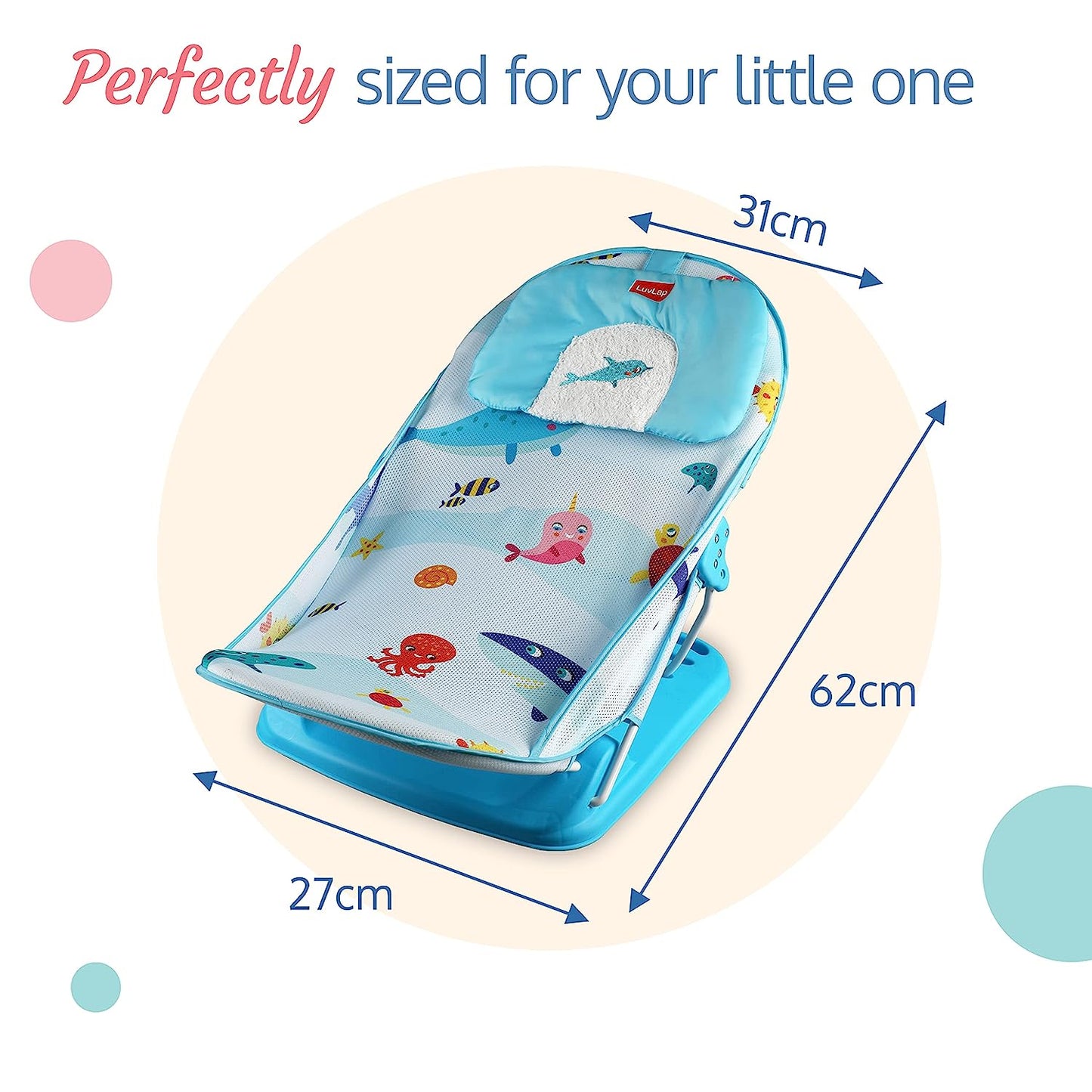LuvLap Aqua Tales Baby Bather - Newborn Bath Chair, 0-6 Months, 3-Position Adjustable, Washable Soft Mesh, Large Seat, Multicolor